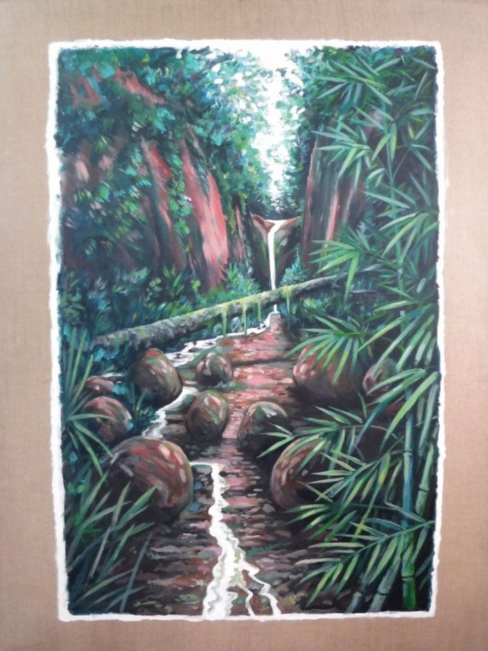 Acrylique sur toile 116x147 ruisseau entaillant une épaisseur de roches volcaniques martinique