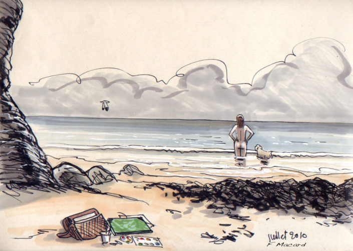 Croquis au feutre sur vieux papier - Baignade matinale