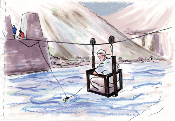 Croquis-aux-feutre-et-pastels.-Pont-à-nacelle-au-Zanskar