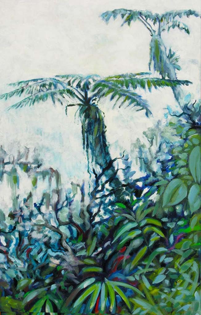 Fougères arborescentes dans les pitons du carbet martinique. acrylique sur papier marouflé sur toile 75x118