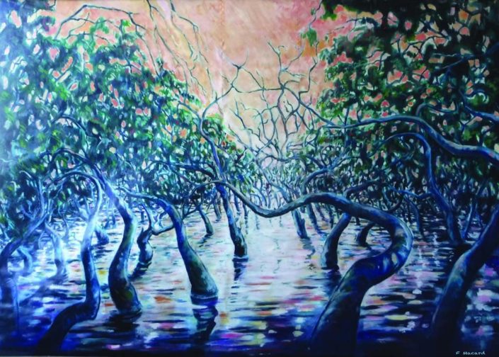 Mangrove, acrylique sur toile montée sur 2 bambous de 2m50